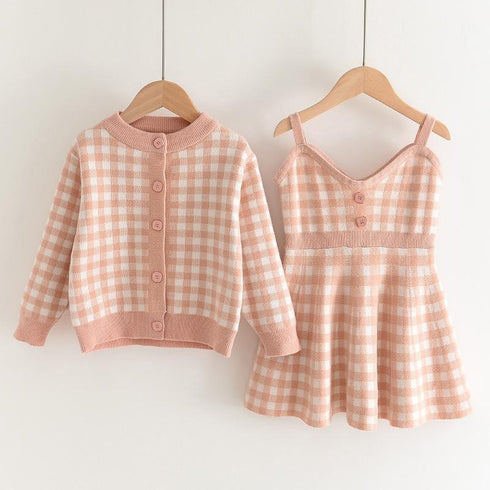 Girl's Knit Plaid Skirt Cardigan Set